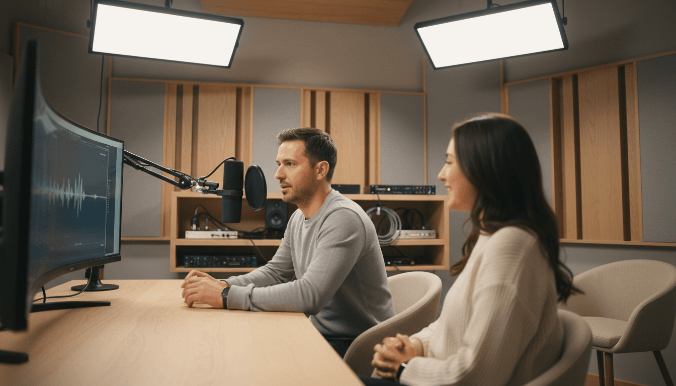 Podcast host speaking into microphone in modern recording studio