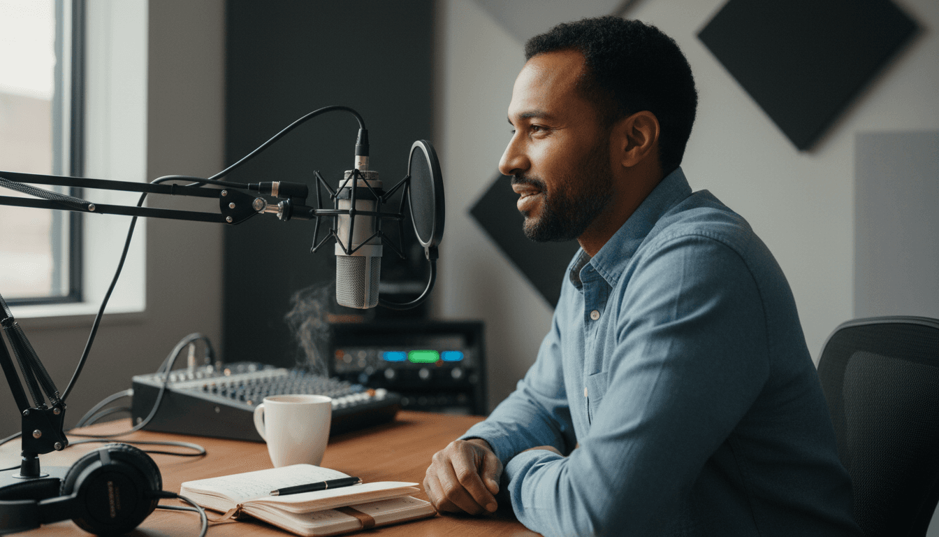 Person recording podcast in a bright modern studio with professional microphone setup