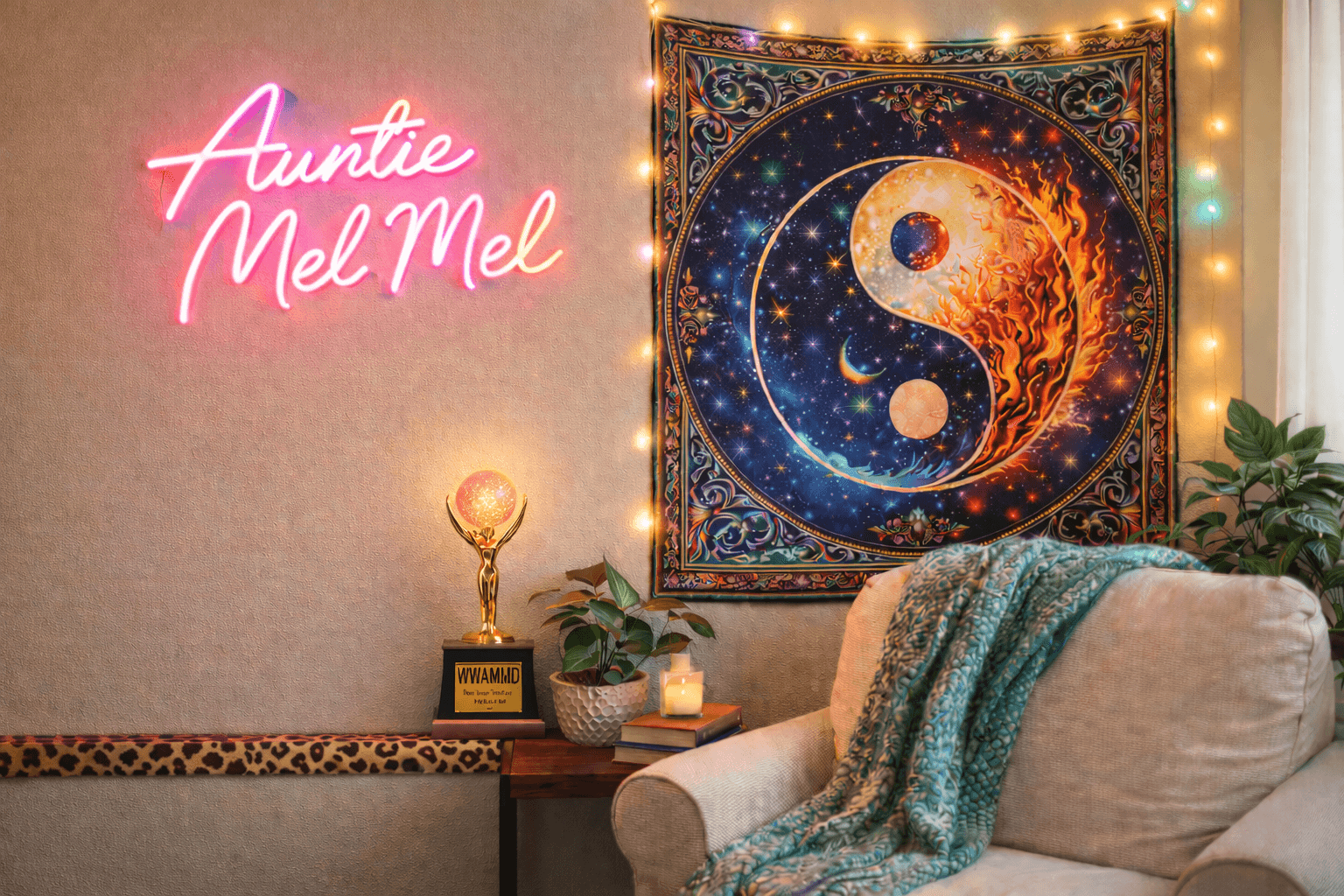 Cozy corner with a pink neon sign, celestial yin-yang tapestry, gold trophy, and plush armchair.