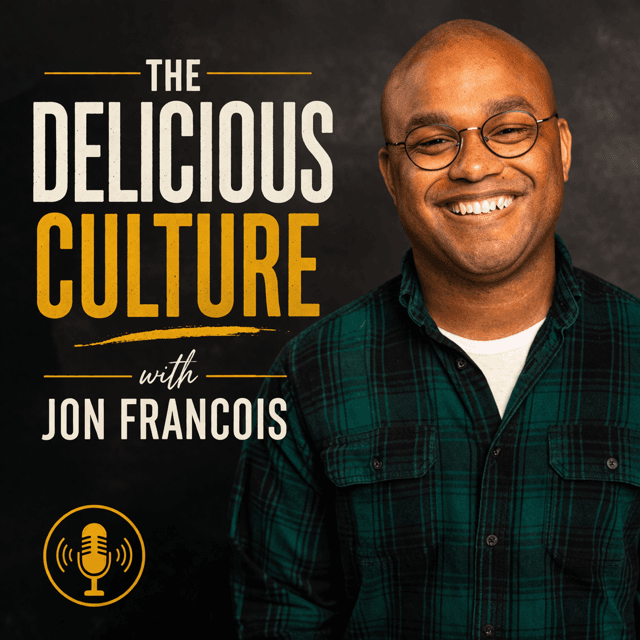 Smiling Jon Francois in a green plaid shirt for The Delicious Culture podcast cover.